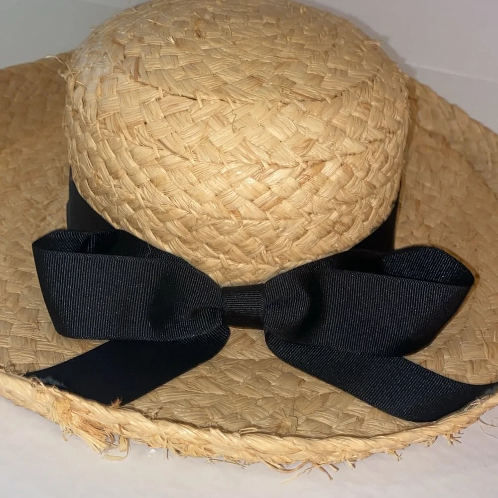 Rolled Brim Straw Hat with Black Ribbon Terry Cloth Inside Band SZ OS